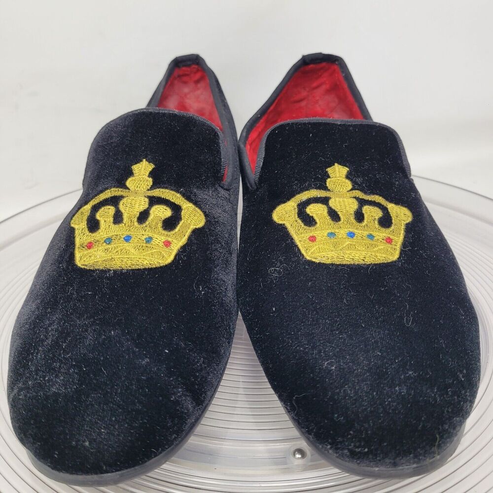 Merlutti Black Velvet King Crown Slippers Loafers Smoking Mens Sz 13 Flat Luxury